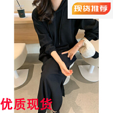批发<b class='q'>韩国</b>chic风抽绳连帽套头宽松休闲长款侧边开叉连衣裙女两侧有口袋