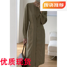 批发<b class='q'>韩国</b>chic法式气质泡泡袖修身显瘦单排扣中长款连衣裙女