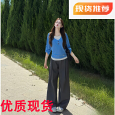 批发<b class='q'>秋</b>上新！韩系穿搭蓝色假两件长袖T恤女宽松百搭阔腿裤两件套装