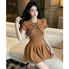 批发英伦学院风polo领蝴蝶结针织连衣裙女夏季白色短袖<b class='q'>甜美</b>千金风短裙