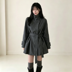 批发2026复古风单排扣纯色毛呢外套大衣女冬季新款绑带中长款呢子上衣