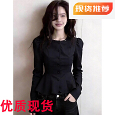 批发轻奢风黑色泡泡袖排扣收腰<b class='q'>衬衫</b>女2026春新款修身百搭小众圆领上衣