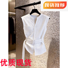 批发法式轻奢高级感条纹无袖<b class='q'>衬衫</b>女<b class='q'>夏季</b>独特漂亮巨好看收腰绑带小上衣
