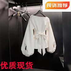 批发法式设计感白色灯笼袖系带收腰<b class='q'>衬衫</b>女气质通勤上衣超好看时尚别致
