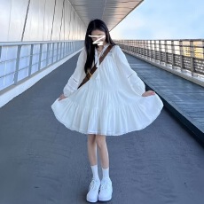 批发春秋新款小个子假镂空法式拼接<b class='q'>七分袖</b>白色<b class='q'>连衣裙</b>子泡泡短裙