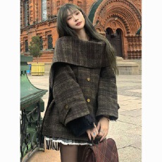 批发2026秋冬新款双面羊绒大衣女小个子英伦<b class='q'>格子</b>西装薄羊毛呢休闲外套