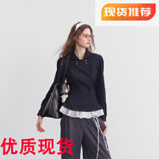 批发SPEAR YOUTH“无可替代”双排扣牛仔打褶收腰衬衫<b class='q'>通勤</b>上衣外套