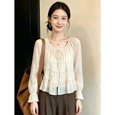 批发夏季设计感女士拼接荷叶边别致很仙的<b class='q'>衬衣</b>上衣小衫