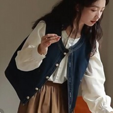 批发韩版新款春秋叠穿时尚百搭宽松设计感复古<b class='q'>牛仔</b><b class='q'>马甲女</b>