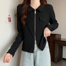 设计感翻领双拉链长袖T恤女秋季坑条显瘦洋气小衫