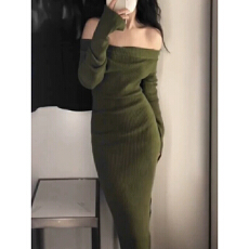 批发气质名媛长款生日年会礼服高端轻奢小众性感一字肩针织连衣<b class='q'>裙</b>秋季