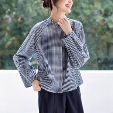 批发2026女长袖立领<b class='q'>气质</b>上衣高级感舒适纯棉<b class='q'>衬衣</b>通勤风复古格纹<b class='q'>衬衫</b>