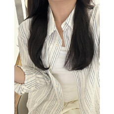 条纹梭织 法式POLO领条纹衬衫设计感小众上衣韩系风格衬衣女