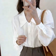 批发法式翻领垂感白衬衫女设计感小众宽松<b class='q'>上衣</b>气质复古<b class='q'>泡泡袖</b>衬衣薄款