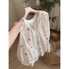 批发法式圆领田园风<b class='q'>花朵</b>系带衬衫女春秋新款宽松显瘦衬衣百搭上衣