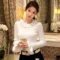甜美少女风内搭秋冬上衣荷叶边独特漂亮花边半高领打底长袖针织衫