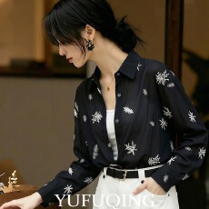 批发设计感刺绣印花黑色<b class='q'>长袖</b>衬衫女早秋穿搭法式气质宽松衬衣翻领上衣