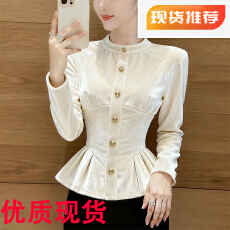 批发高端<b class='q'>长袖</b>立领上衣女秋冬超好看独特漂亮减龄气质掐腰白色丝绒衬衫