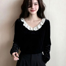 批发法式撞色木耳边长袖上衣女2026秋季新款黑色圆领<b class='q'>宽松</b>显瘦内搭T恤