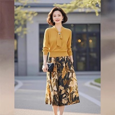 批发素雅订制<b class='q'>女</b>装原创品牌高级感系带领针织衫上衣印花<b class='q'>半身裙</b>两件套装
