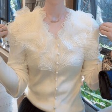 批发法式轻奢知性风时尚网纱花边设计感V领情人节长袖上衣T恤女
