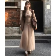 批发韩系轻熟御姐穿搭一整套装秋季温柔针织开衫吊带网纱长裙子三件套
