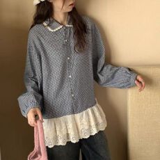 批发原版做工法式甜美花边拼接娃娃领<b class='q'>格子</b><b class='q'>衬衫女</b>春韩系宽松显瘦上衣