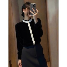 批发法式黑色丝绒立领衬衣女款2026秋新款简约时髦高级感立领衬衫上衣