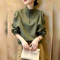 批发法式通勤风立领拉链上衣女绿色宽松显瘦高级感2026秋新款小众穿搭