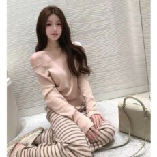 批发Bigking大金家早秋密码粉色一字领针织衫女慵懒斜肩收腰套装