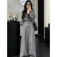 批发独特漂亮春装一整套韩系高级感V领收腰短款针织毛衣阔腿裤两件套