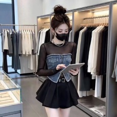 批发美式复古牛仔拼接网纱长袖<b class='q'>t</b><b class='q'>恤</b>2026初秋新款透视<b class='q'>上衣</b>性感时尚女装