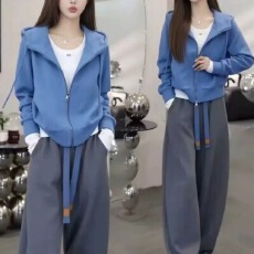 时尚套装女2026秋季新款洋气宽松显瘦连帽开衫外套阔腿裤两件套潮