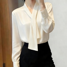 批发时尚优雅风白色飘带长袖<b class='q'>缎面</b>衬衫女春季新款减龄百搭通勤洋气衬衣