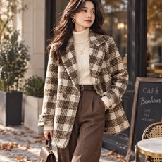批发<b class='q'>新款</b>时尚韩版气质百搭复古格纹温柔淑女减龄女式羊毛粗花呢外套女