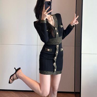 RY9311# 韩国港式巴尔曼小香风重工高级感金属扣针织金丝毛衣连衣裙小个...