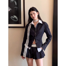 批发MXU复古丹宁/明星同款撞色可拆卸领牛仔衬衫蓬蓬<b class='q'>裙裤</b>时尚两件套