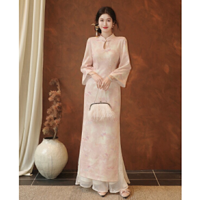 RY9542# 粉蝶入梦'新中式蝴蝶印花针织旗袍女早秋修身日常连衣裙