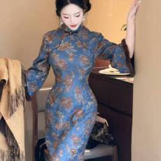 批发新中式复古新款秋冬国风显白织金针织提花旗袍_长明灯蓝