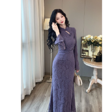 批发凝霜新中式国风复古蕾丝旗袍<b class='q'>连衣裙</b>气质显瘦收腰鱼尾长裙