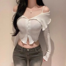 批发辛子<b class='q'>韩国</b><b class='q'>代购</b>纯欲风性感露肩长袖针织衫女弹力新款修身显瘦上衣