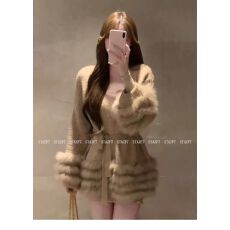 批发FairyJiang 秋季<b class='q'>真皮</b>草狐狸毛针织开衫外套女中长款收腰白色毛衣