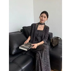 批发韩版复古设计感开衫外套+吊带背心+<b class='q'>休闲</b>阔腿裤＋飘带挂脖4件套女