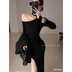 批发【下单发货模特原版】纯欲性感斜肩收腰开叉<b class='q'>连衣裙</b>秋御姐长裙女