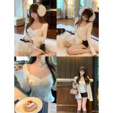 批发Lukira【柔纱欲韵】白色V领蕾丝长袖T恤女秋冬内搭<b class='q'>打底</b>修身<b class='q'>上衣</b>