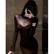 批发2025新款韩版时尚高级定制设计感<b class='q'>网纱</b>拼接长袖收腰鱼尾连衣<b class='q'>裙</b>