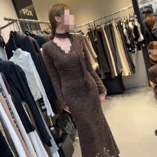 批发秋冬新款韩版蕾丝<b class='q'>连衣裙</b>女高级感气质收腰显瘦鱼尾长裙打底裙