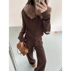 批发2025冬季新款韩版大毛领连帽卫衣外套两件套加绒休闲裤套装