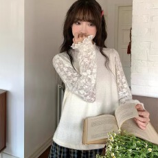 批发罐头士多所 上衣女2025秋冬新款设计感花苞袖毛毛针织撞料打底衫