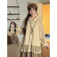 批发VGVL【杏语<b class='q'>秋</b>梦】衬衫女小众设计师款宽松休闲蕾丝拼接上衣